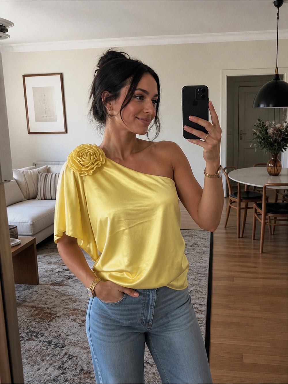 Asymmetric One-Shoulder Yellow Satin Top with Floral Accent